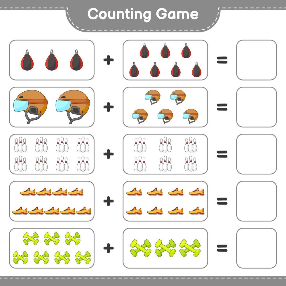 conte e combine, conte o número de capacete de hóquei, tênis de corrida, pino de boliche, saco de pancadas com halteres e combine com os números certos. jogo educativo para crianças, planilha para impressão vetor