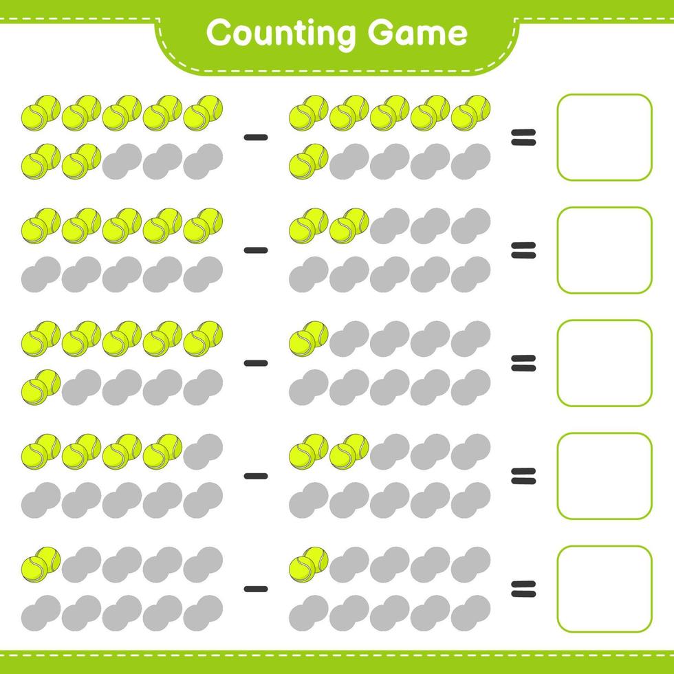 conte e combine, conte o número de bolas de tênis e combine com os números certos. jogo educativo para crianças, planilha para impressão, ilustração vetorial vetor
