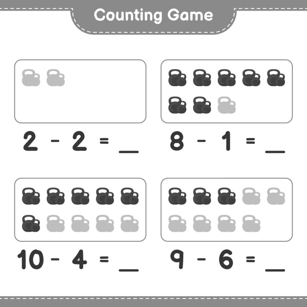 conte e combine, conte o número de halteres e combine com os números certos. jogo educativo para crianças, planilha para impressão, ilustração vetorial vetor