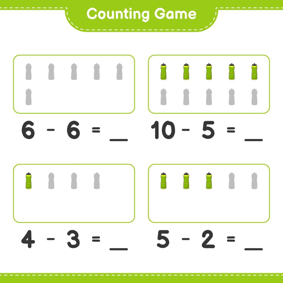 conte e combine, conte o número de garrafas de água esportiva e combine com os números certos. jogo educativo para crianças, planilha para impressão, ilustração vetorial vetor