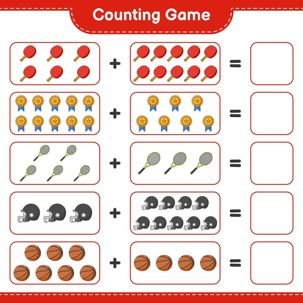 conte e combine, conte o número de raquetes de pingue-pongue, basquete, troféu, capacete de futebol, raquete de tênis e combine com os números certos. jogo educativo para crianças, planilha para impressão vetor