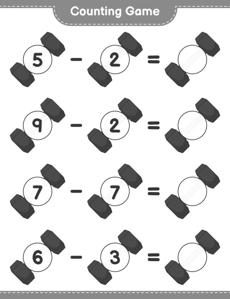 conte e combine, conte o número de halteres e combine com os números certos. jogo educativo para crianças, planilha para impressão, ilustração vetorial vetor