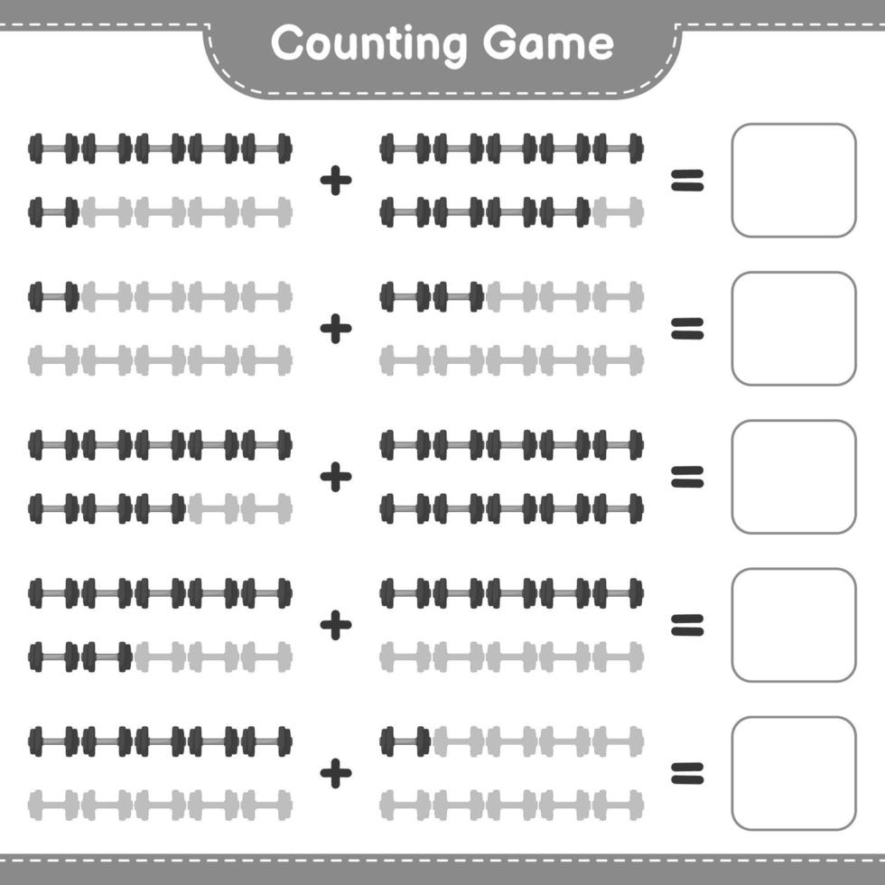 conte e combine, conte o número de halteres e combine com os números certos. jogo educativo para crianças, planilha para impressão, ilustração vetorial vetor