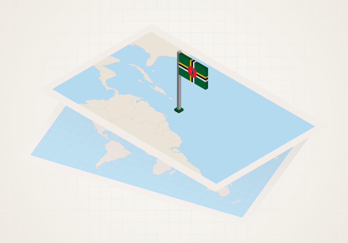 dominica selecionada no mapa com bandeira isométrica da dominica. vetor