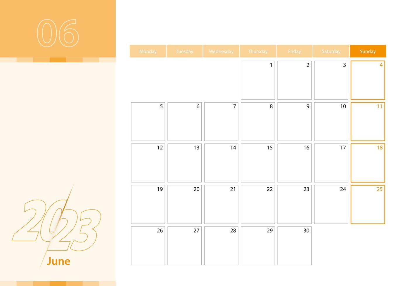 planejador horizontal para junho de 2023 no esquema de cores laranja. a semana começa na segunda-feira. um calendário de parede em estilo minimalista. vetor