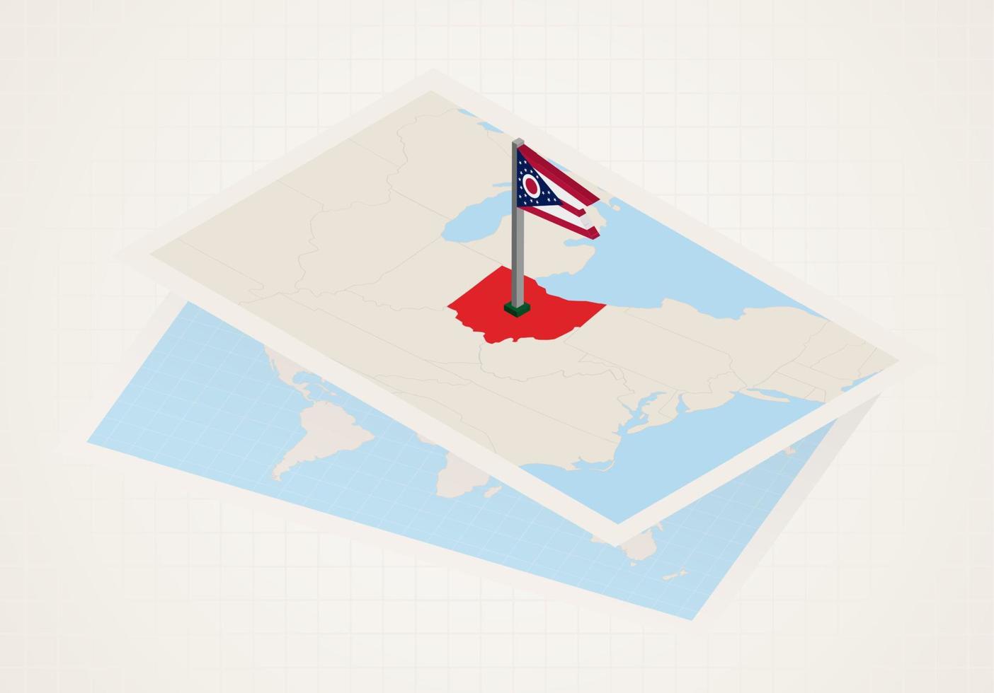 estado de ohio selecionado no mapa com bandeira isométrica de ohio. vetor