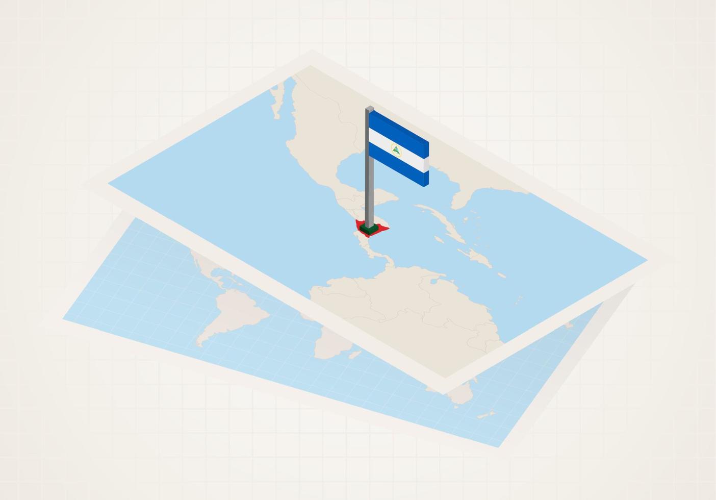 nicarágua selecionada no mapa com bandeira isométrica da nicarágua. vetor