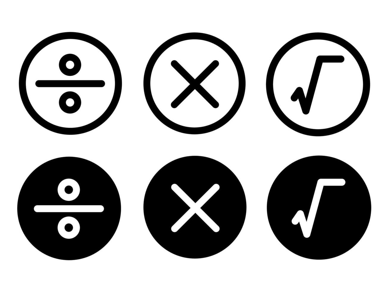 conjunto de mais menos multiplicar ícones de estilo moderno símbolo de matemática raiz estão localizados em fundos brancos e pretos. o pacote tem seis ícones. vetor