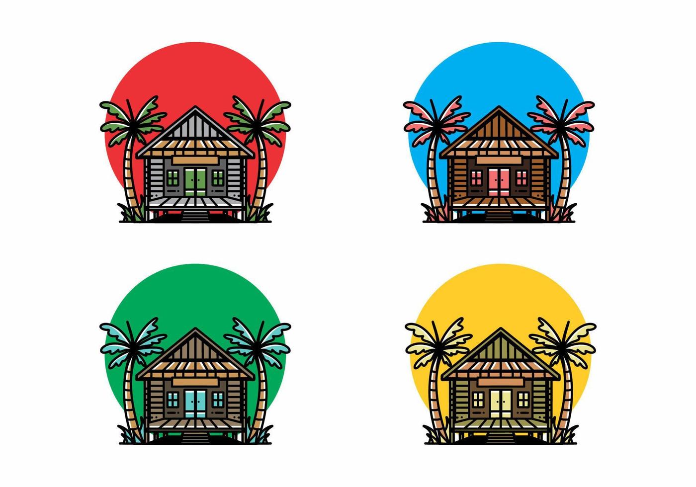 casa de madeira no design de distintivo de ilustração de praia vetor
