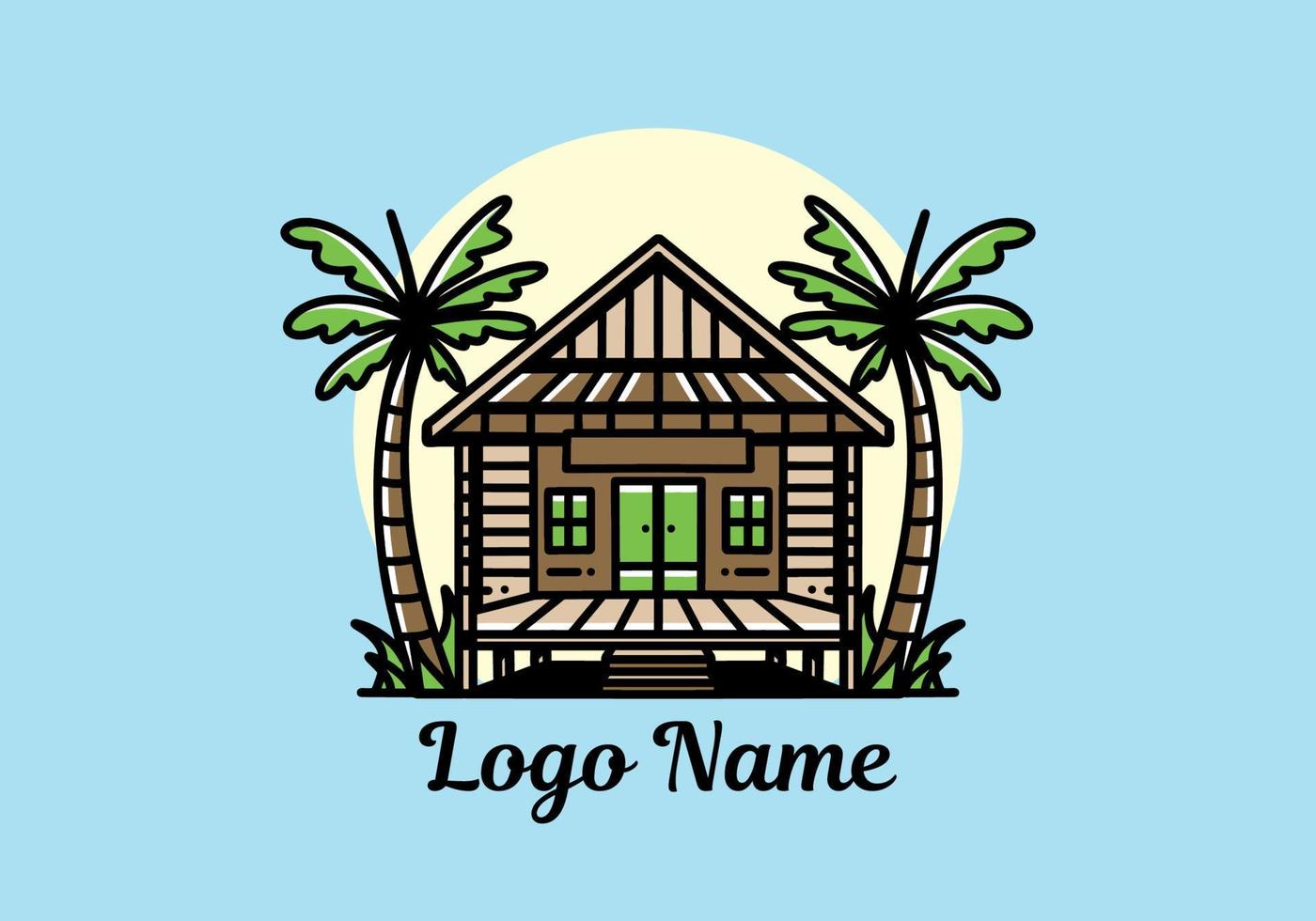 casa de madeira no design de distintivo de ilustração de praia vetor
