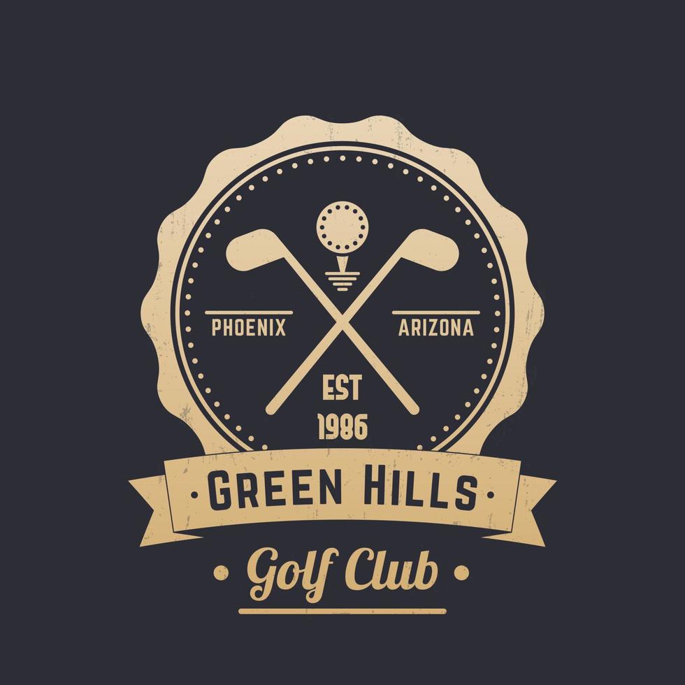logotipo vintage do clube de golfe, emblema, tacos de golfe cruzados, ouro no escuro vetor