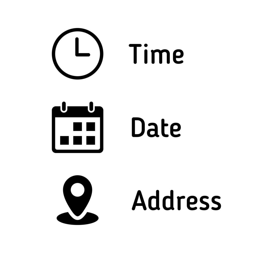 vetor de ícone de hora, data e endereço. símbolo de sinal de elementos de evento
