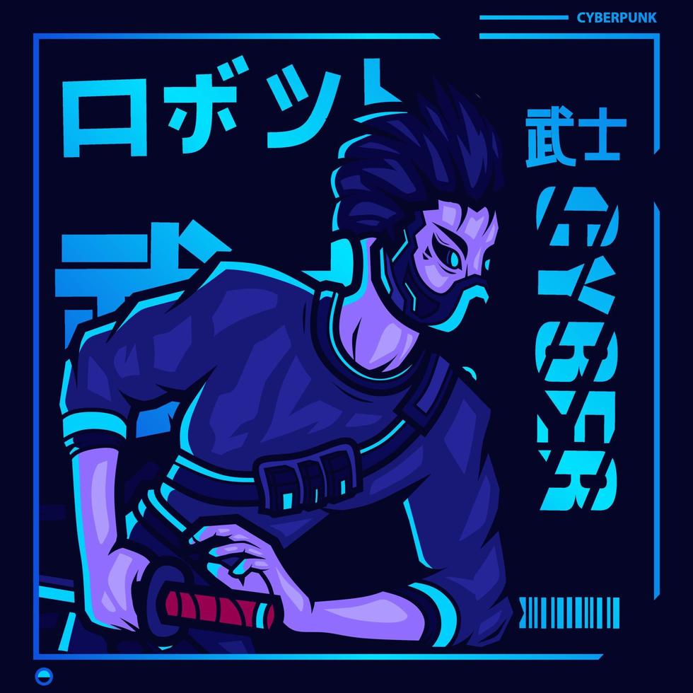 vetor de personagem de ficção samurai cyberpunk. ilustração de design de t-shirt colorida. robô de tradução robô samurai.