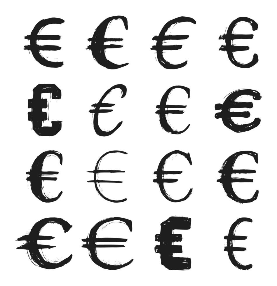 conjunto de símbolos desenhados à mão de vetor de moeda euro