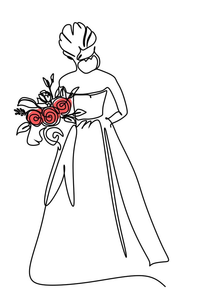 desenho de linha única de um buquê de flores de posse de noiva. desenho de design de conceito para cerimônia de casamento vetor