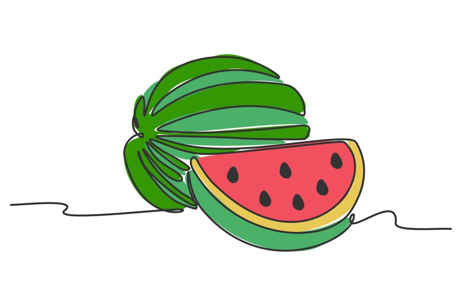 desenho de uma linha contínua de cor plana simples de fruta melancia. ilustração vetorial para o conceito de design de vida natural e saudável vetor