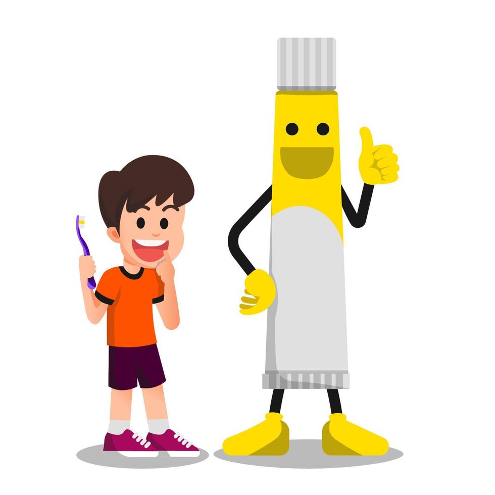 um menino bonito com um grande personagem de pasta de dente vetor