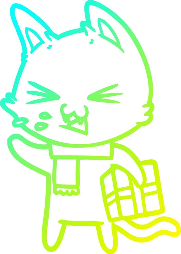 desenho de desenho de linha de gradiente frio gato assobiando com presente de natal vetor