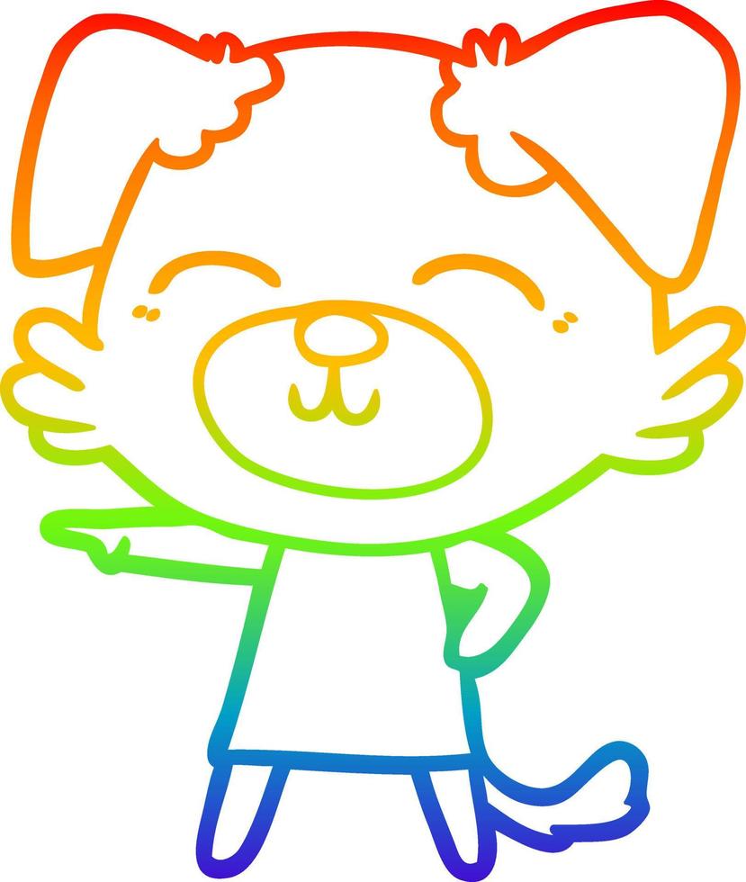 desenho de linha de gradiente de arco-íris cão de desenho animado em vestido apontando vetor