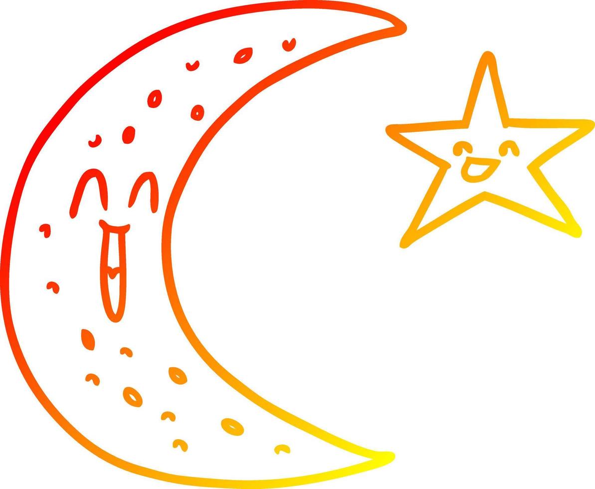 linha de gradiente quente desenhando lua e estrela de desenho animado feliz vetor