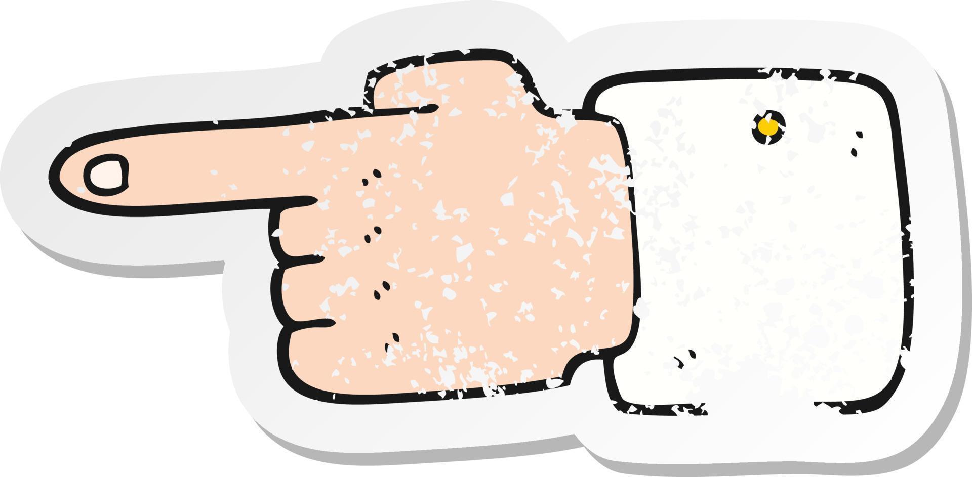 adesivo retrô angustiado de um desenho animado apontando a mão vetor