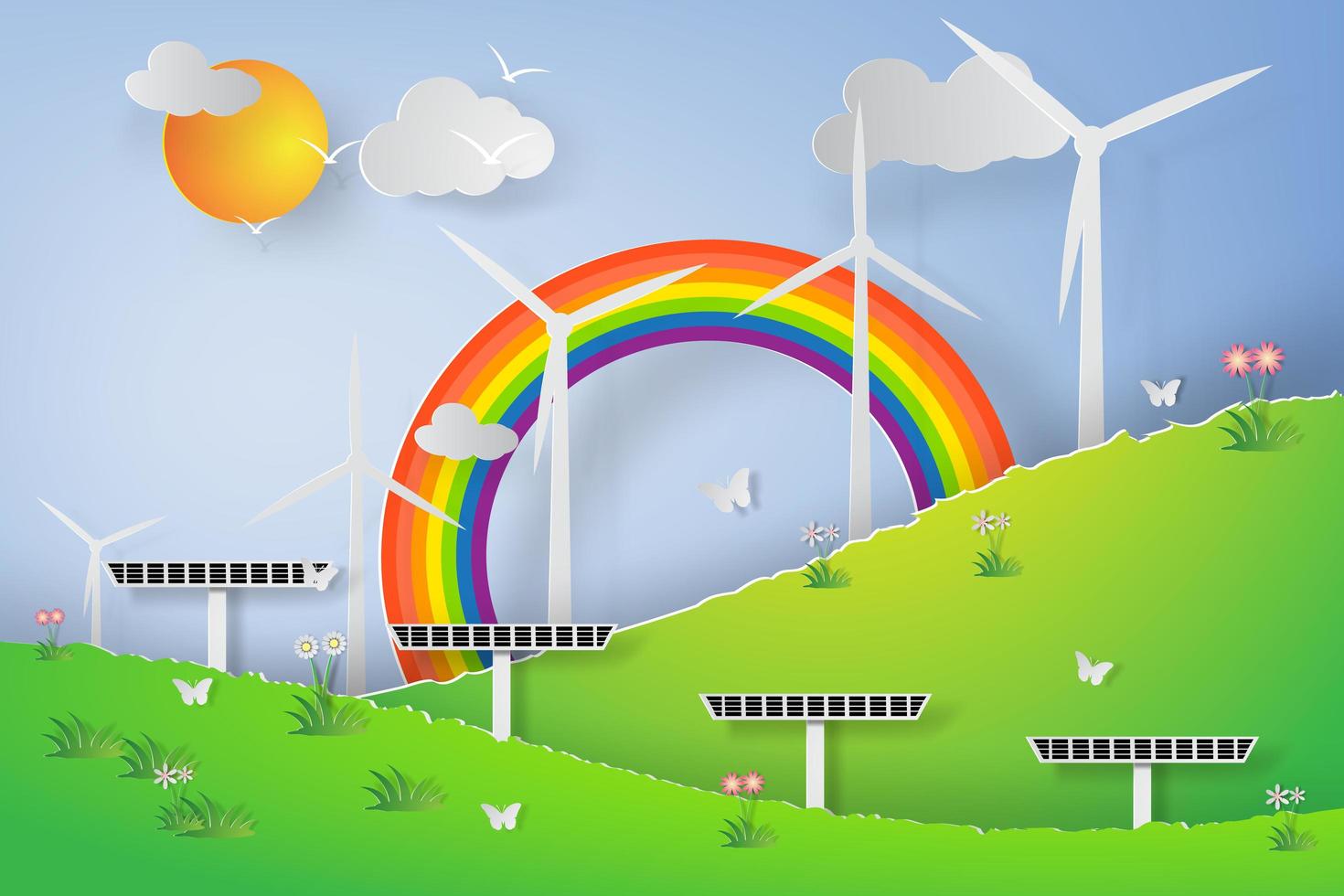 turbina eólica verde energia solar 3d papel arte design vetor
