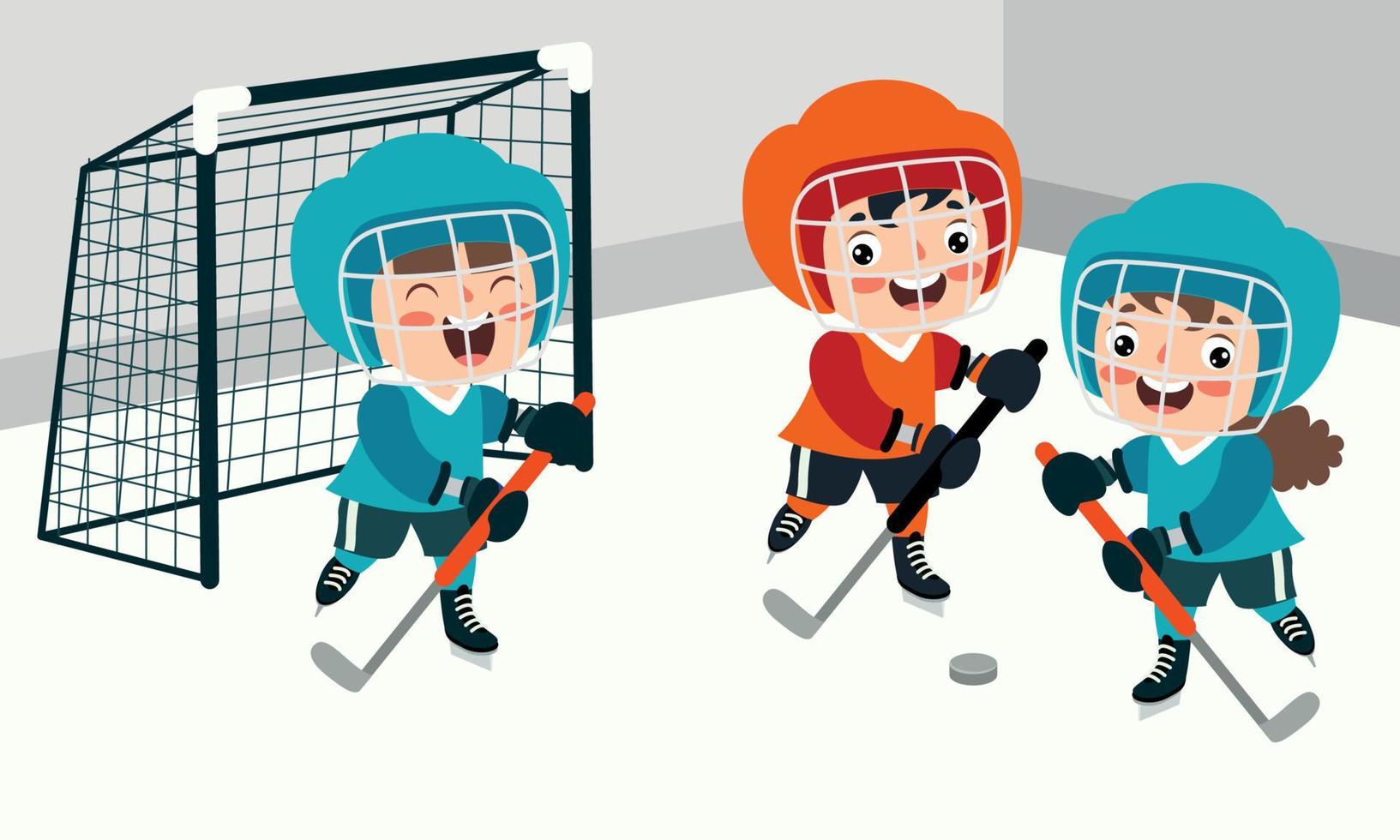 ilustração dos desenhos animados de uma criança jogando hóquei no gelo vetor