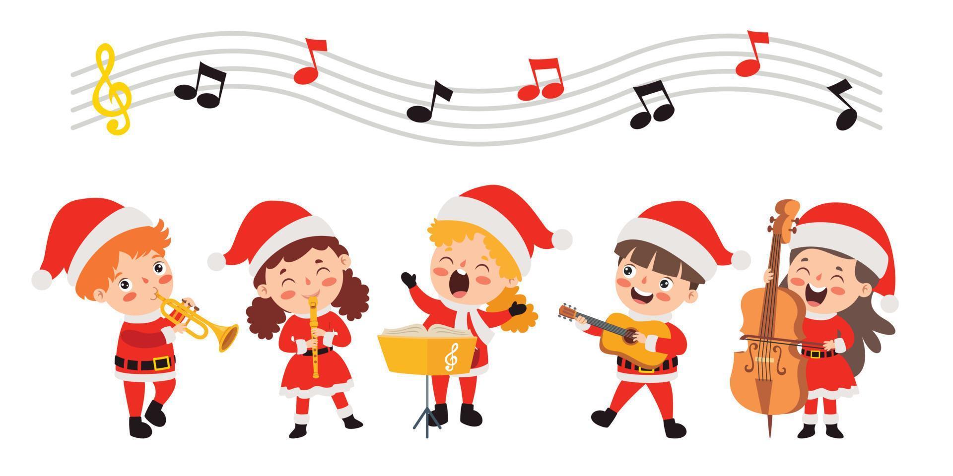crianças tocando música em fantasia de natal vetor