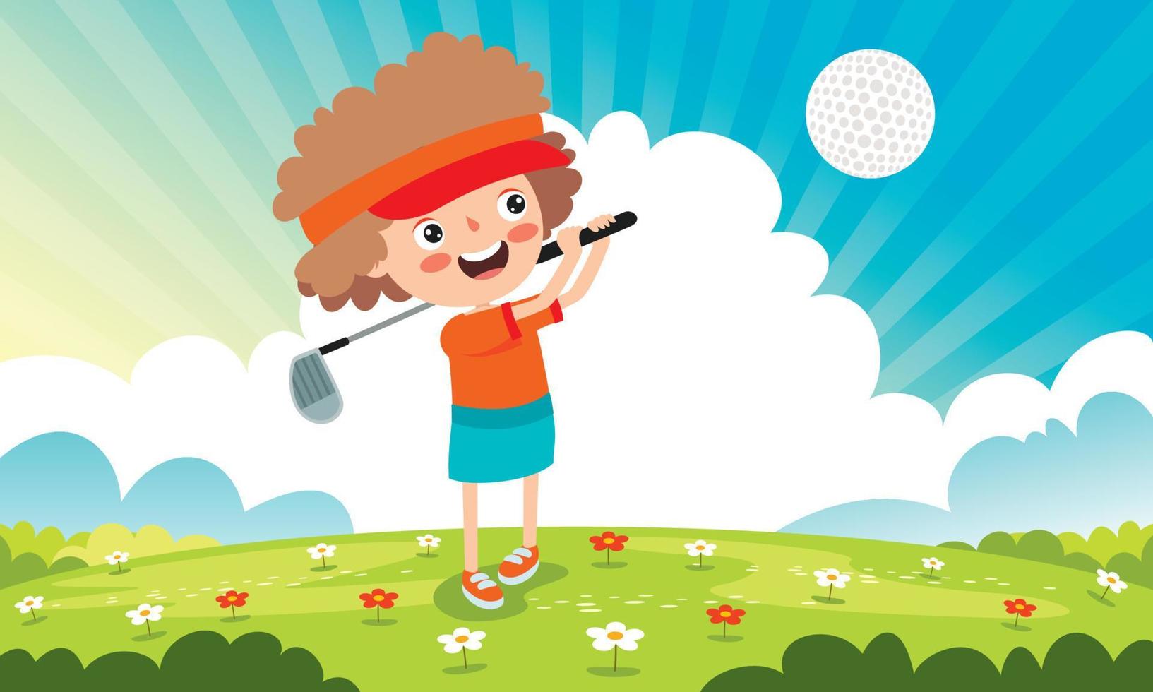 ilustração dos desenhos animados de uma criança jogando golfe vetor