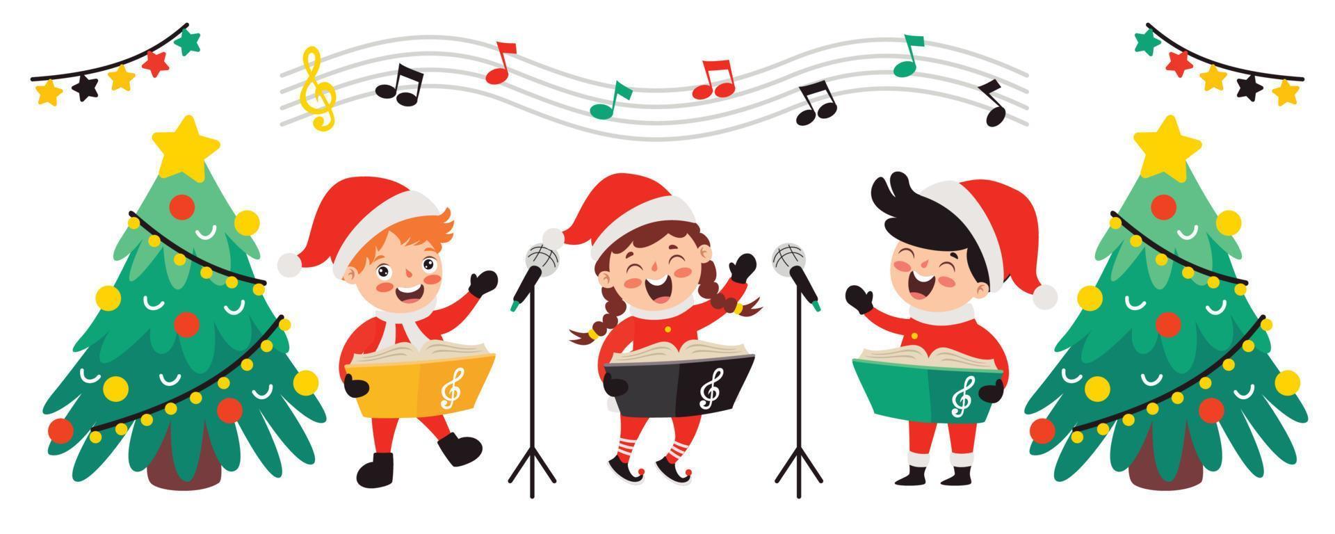 crianças tocando música em fantasia de natal vetor