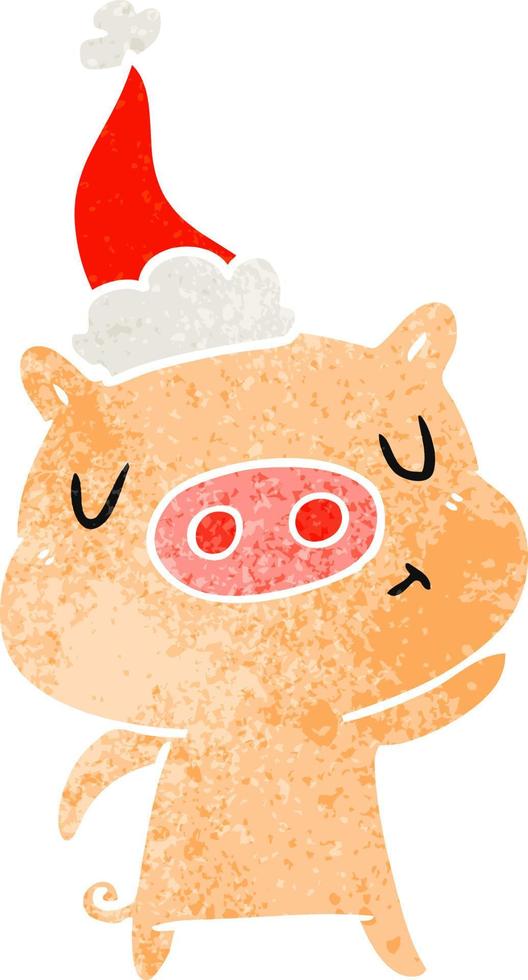 desenho retrô de um porco de conteúdo usando chapéu de papai noel vetor