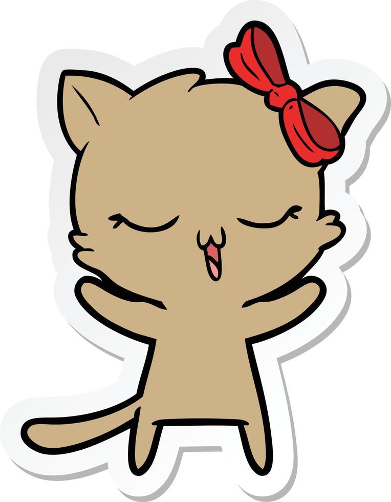 adesivo de um gato de desenho animado com laço na cabeça vetor