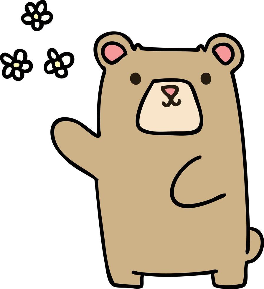 urso de desenho animado desenhado à mão peculiar e flores vetor
