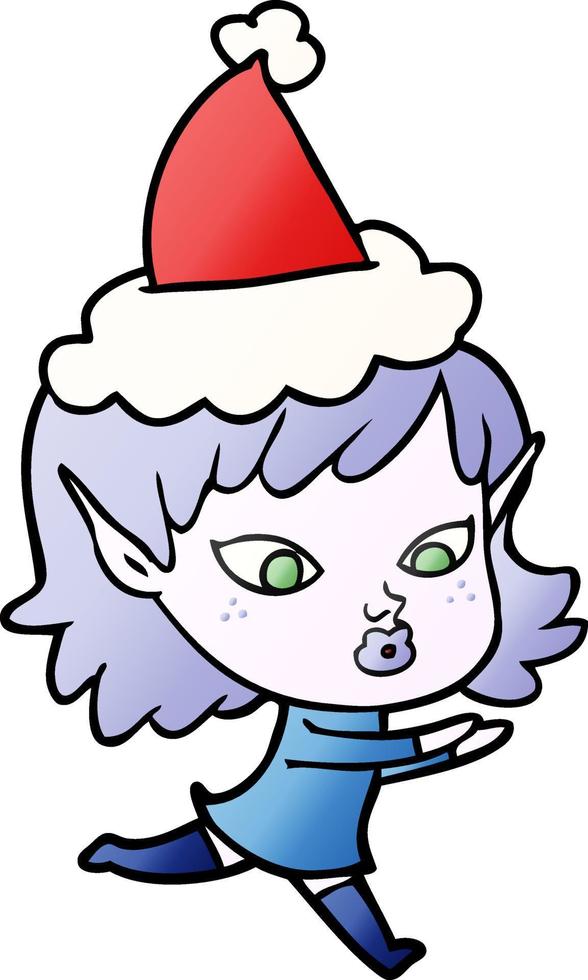 bonito desenho de gradiente de uma garota elfa usando chapéu de papai noel vetor