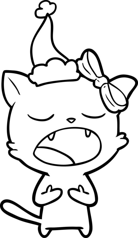 desenho de linha de um gato miando usando chapéu de papai noel vetor