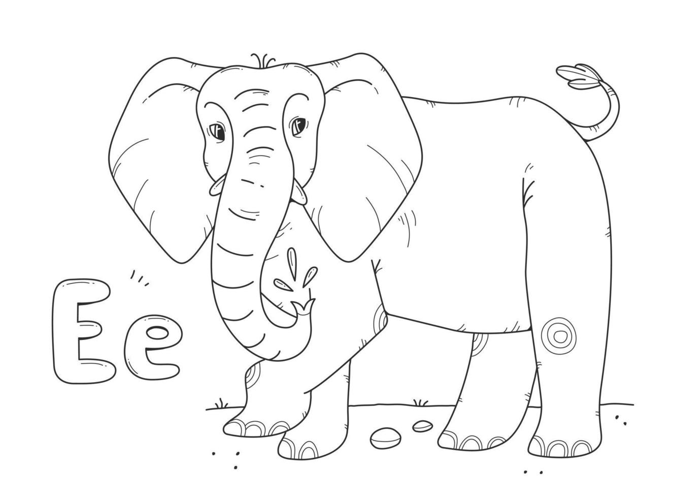 livro de colorir elefante com letras grandes e pequenas em inglês e. alfabeto de página para colorir infantil. ilustração vetorial linear com um animal. vetor