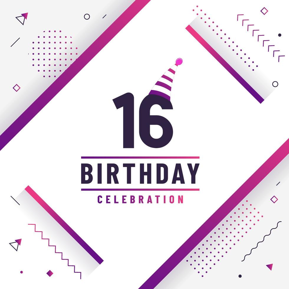 Cartão de cumprimentos de aniversário de 16 anos, vetor livre de fundo de celebração de aniversário de 16 anos.