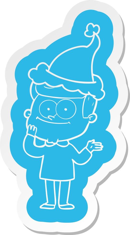 adesivo de desenho animado de um homem feliz usando chapéu de papai noel vetor