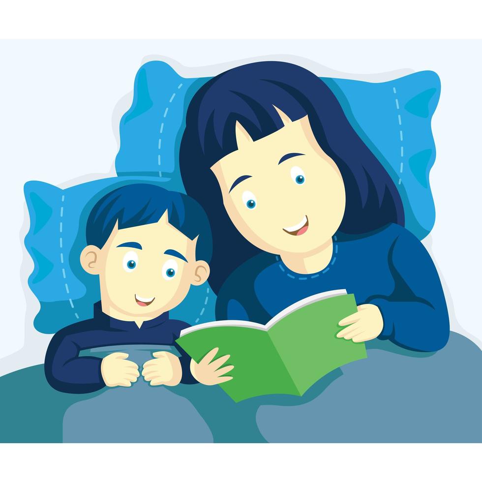 mãe e filho lendo juntos na cama vetor