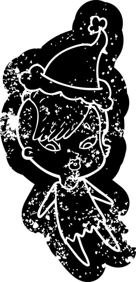 ícone angustiado dos desenhos animados de uma garota surpresa usando chapéu de papai noel vetor