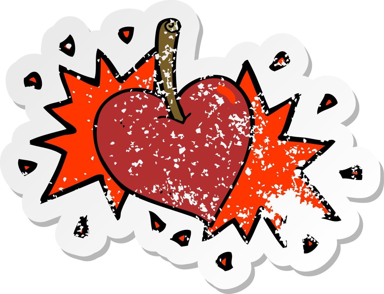 adesivo retrô angustiado de uma cereja de coração de amor de desenho animado vetor