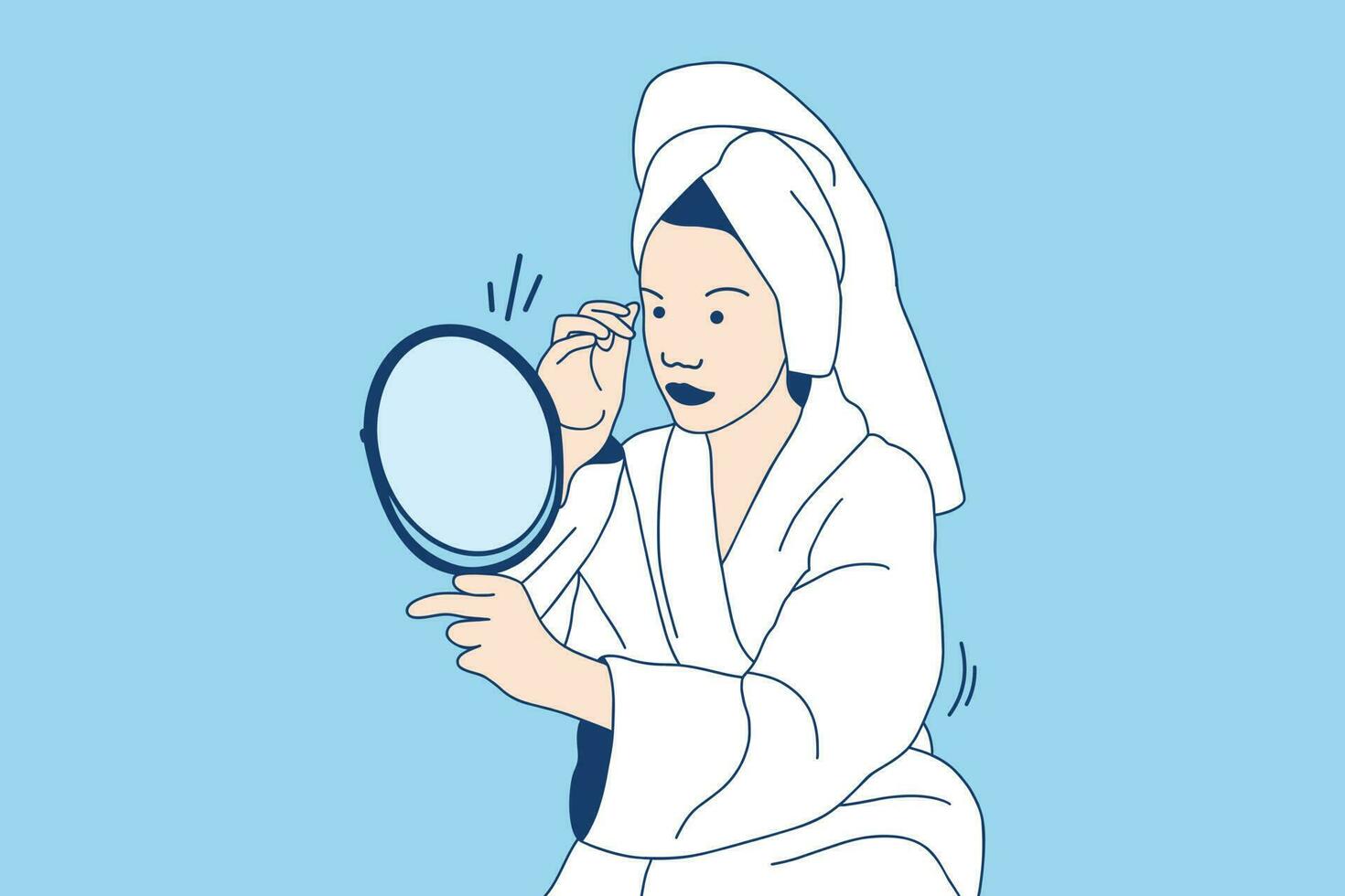 ilustrações mulher jovem e bonita em roupão de banho olhe para o espelho aplicando creme no rosto como rotina diária vetor