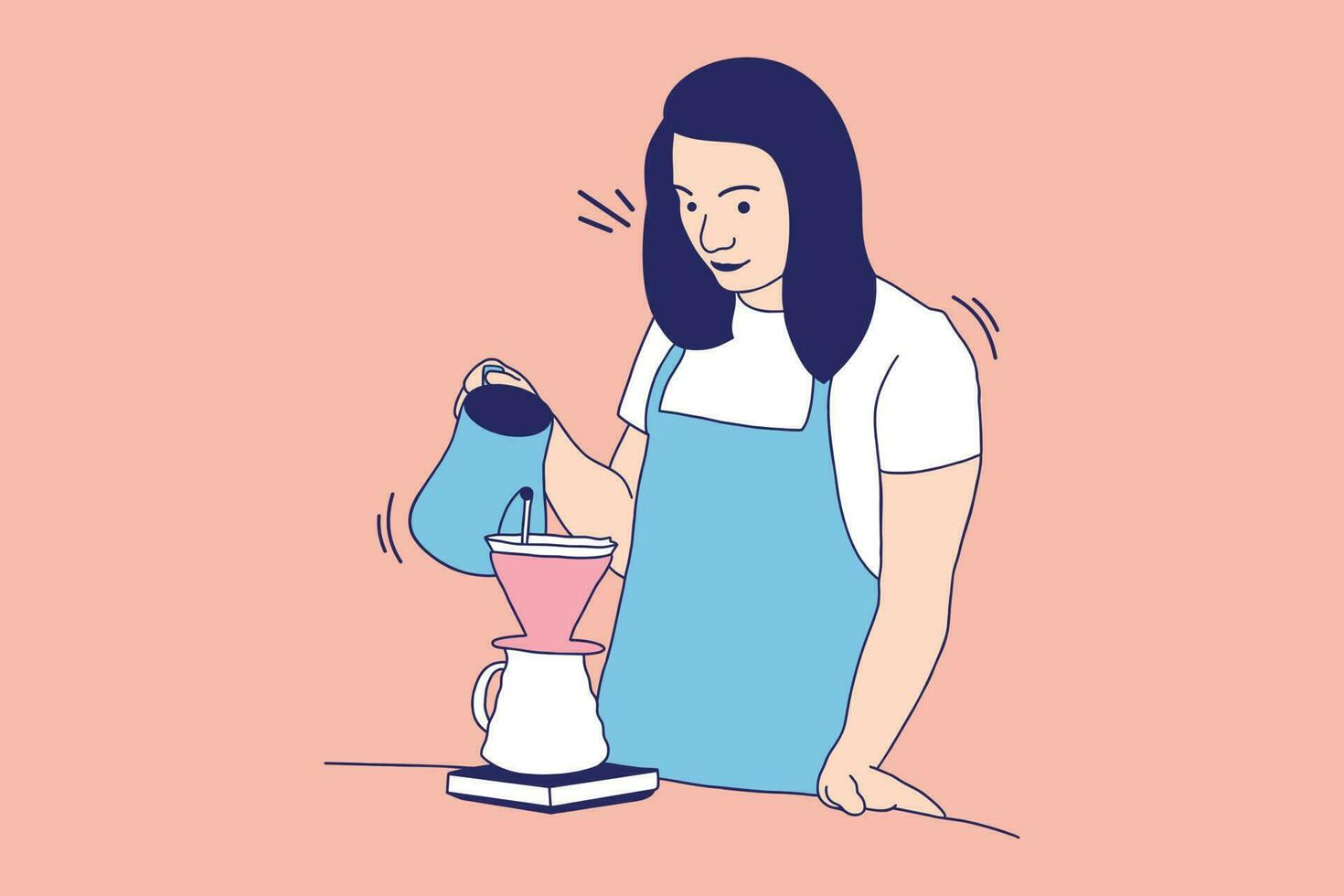 ilustrações bela barista feminina derrama água fervente no copo de café, fazendo uma xícara de filtro de gotejamento de café vetor