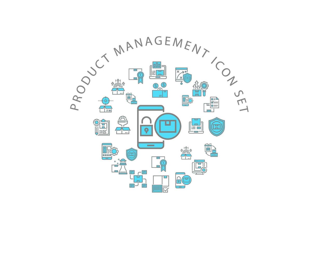 ícone de gerenciamento de produto cenografia em fundo branco. vetor
