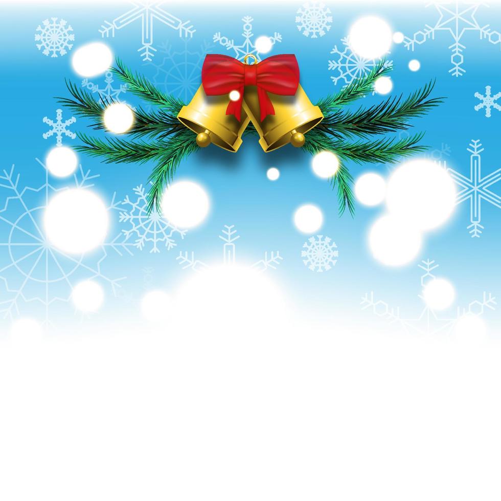 fundo azul do festival de natal e ano novo com sinos dourados de flocos de neve brancos, laço vermelho e folhas de pinheiro verde, ilustração vetorial vetor