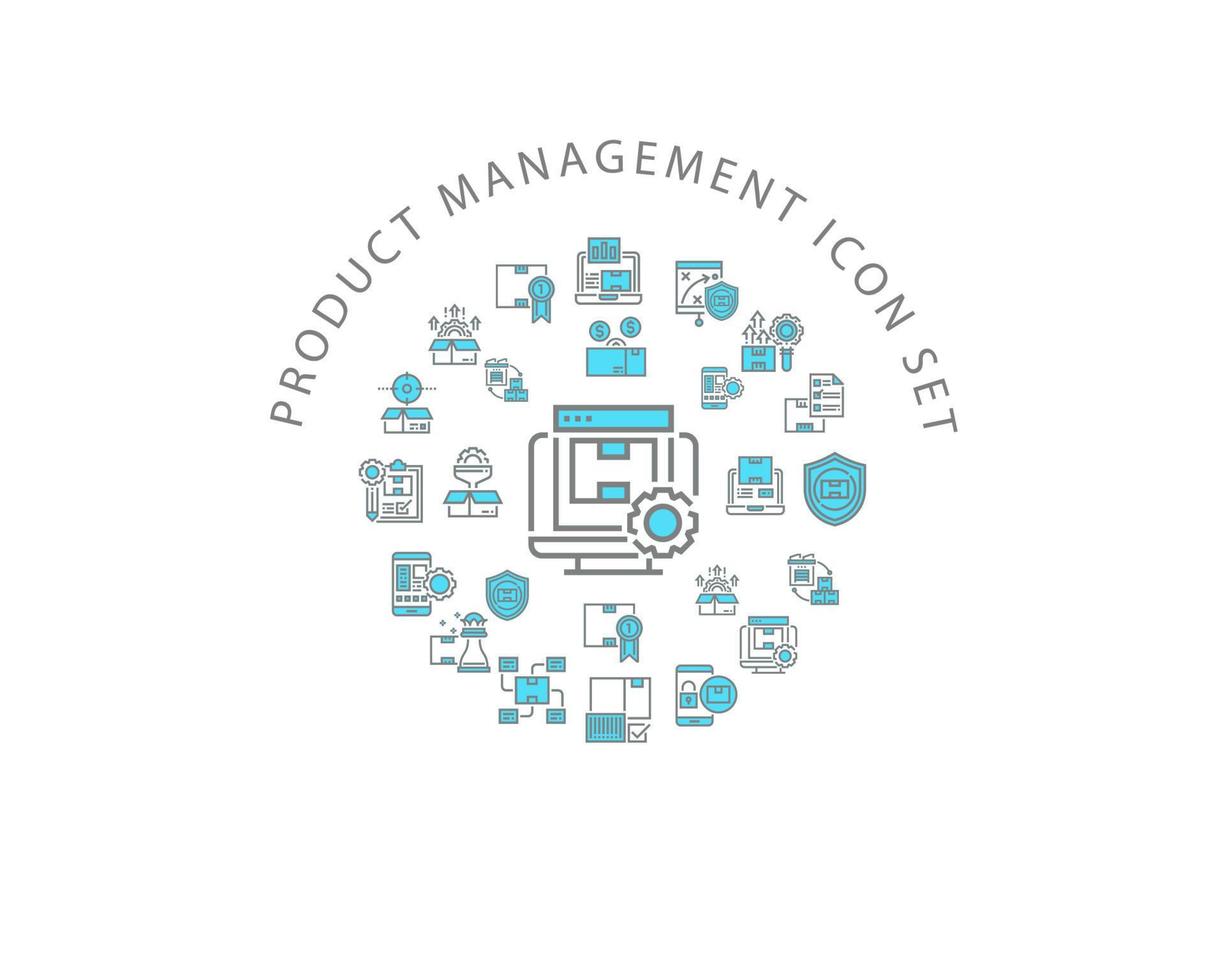 ícone de gerenciamento de produto cenografia em fundo branco. vetor