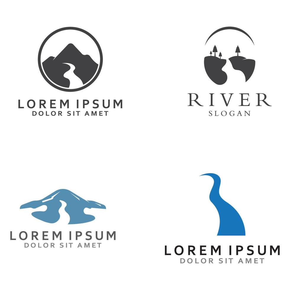 logotipos de rios, riachos, margens de rios e córregos. logotipo do rio com combinação de montanhas e terras agrícolas com modelo de ilustração vetorial de design de conceito. vetor