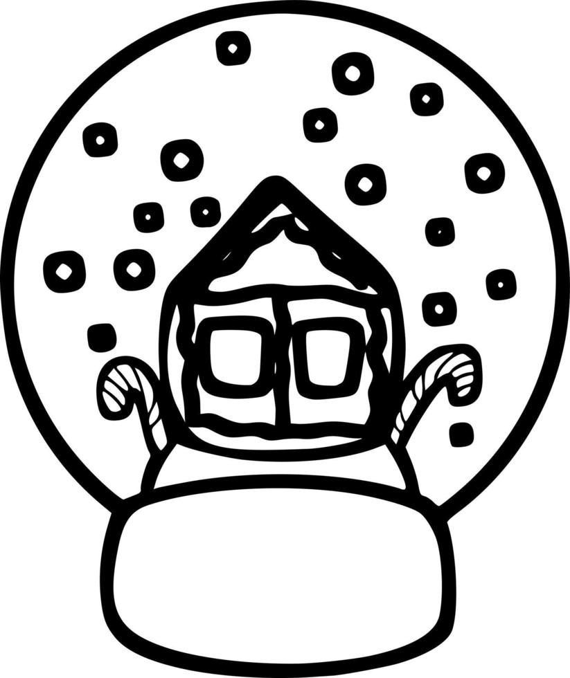 bola de neve doodle. bola de natal nevado com casa de gengibre e bastões de doces vetor