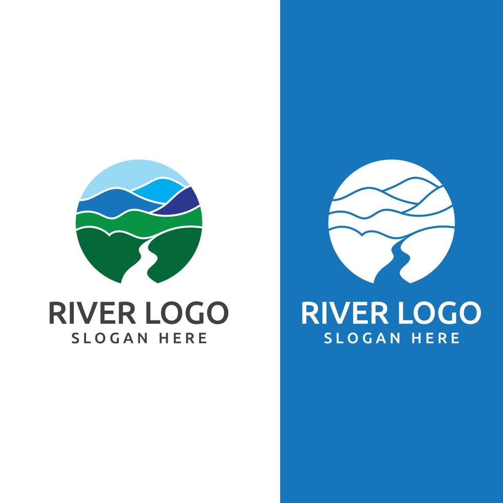 logotipos de rios, riachos, margens de rios e córregos. logotipo do rio com combinação de montanhas e terras agrícolas com modelo de ilustração vetorial de design de conceito. vetor