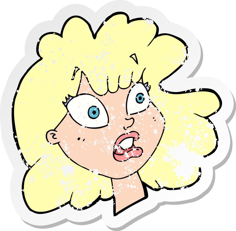 adesivo retrô angustiado de um rosto feminino chocado de desenho animado vetor